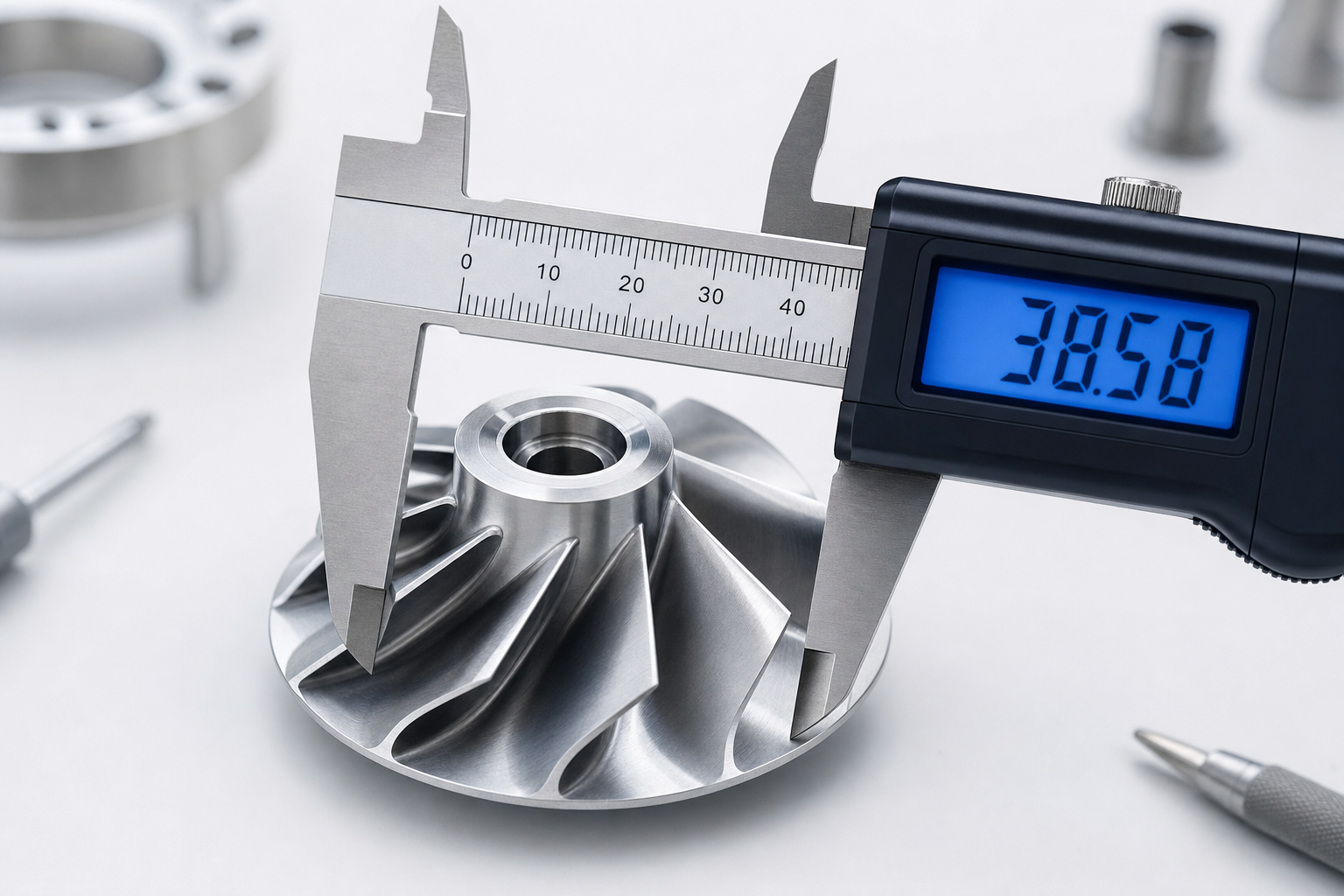 Precision digital caliper measuring an aerospace component